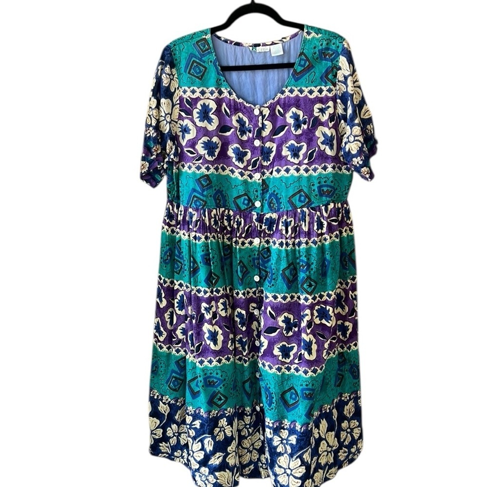 La Cera L 100% Cotton Shirt Dress Gathered Skirt Boho Floral Print Purple Green